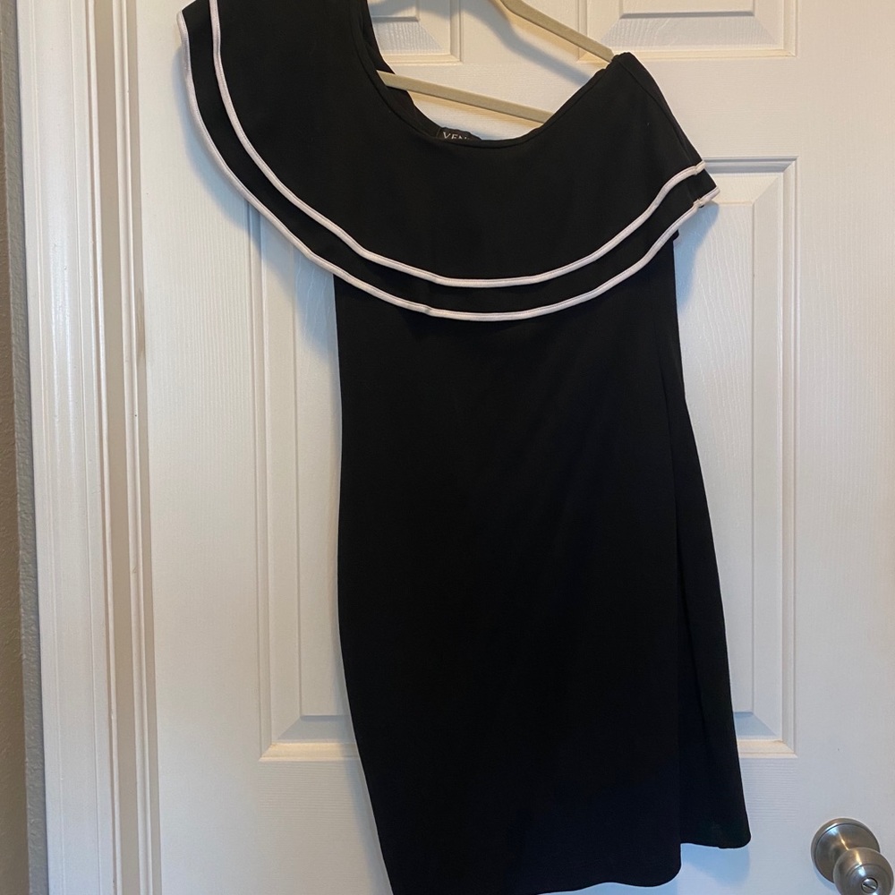 One shoulder, black mini dress